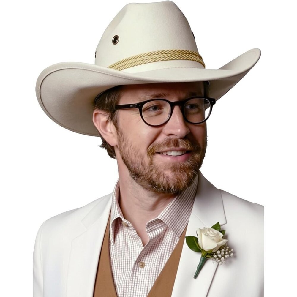 Men's Cream Western Suede Wide Brim Braided Band Classic Fedora Cowboy Felt Hat